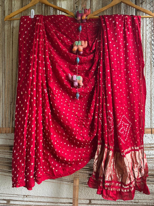 Rose red modal silk dot bandhani sari