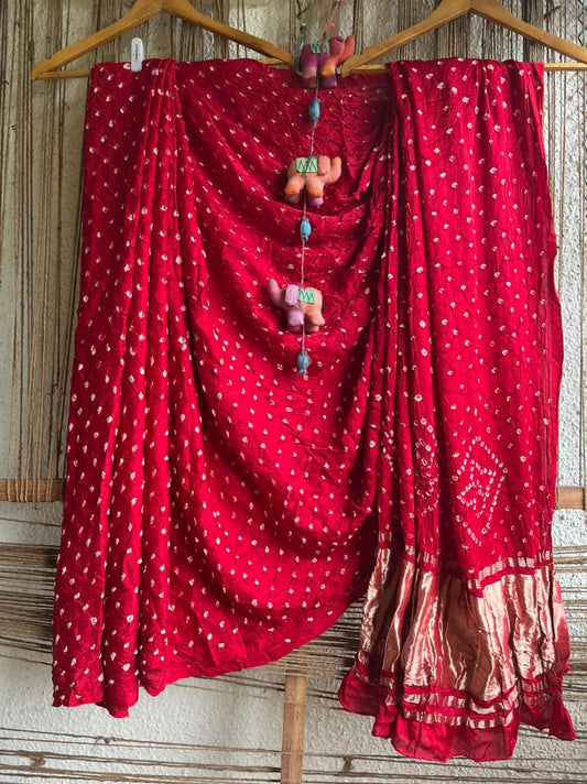Rose red modal silk dot bandhani sari