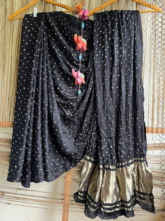 Jet black modal silk dot bandhani sari