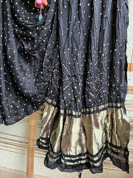 Jet black modal silk dot bandhani sari