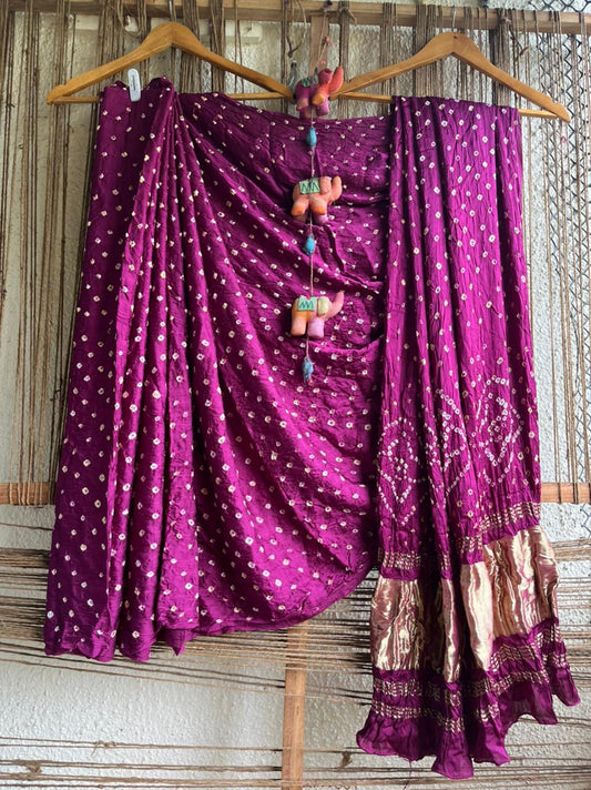 Magenta purple modal silk dot bandhani sari or