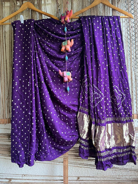 Violet purple modal silk dot bandhani sari