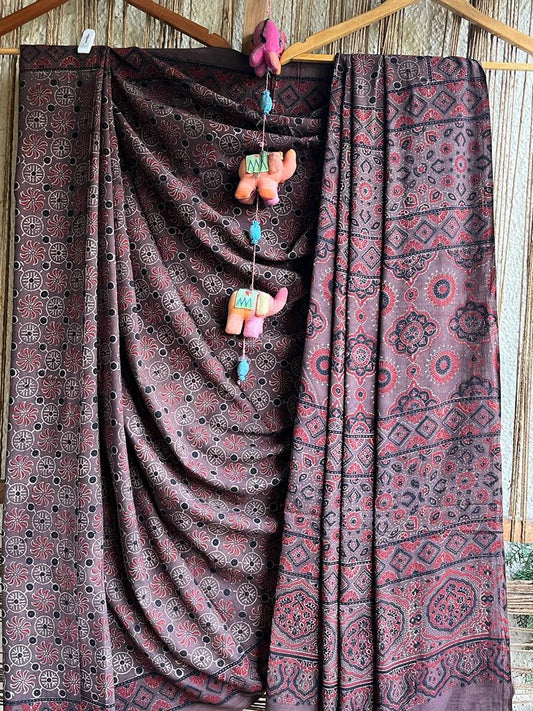 Chikoo brown mull cotton  ajrakh hand crafted sari