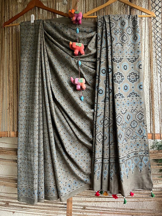 Grey mull cotton  ajrakh hand crafted sari