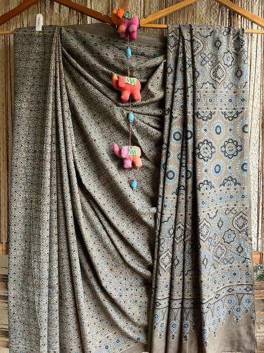 Grey mull cotton  ajrakh hand crafted sari