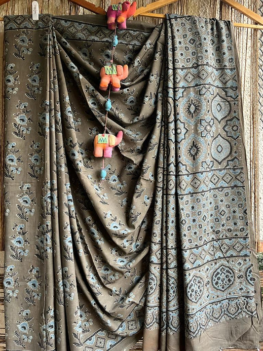 Grey mull cotton  ajrakh hand crafted sari