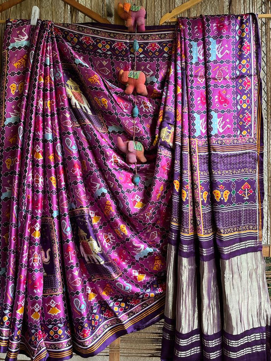 Purple modal silk patola sari with zari border pms- 1096