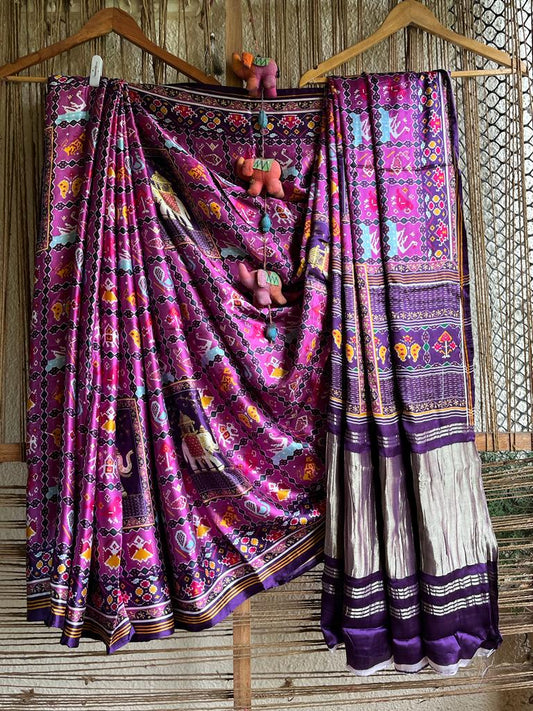Purple modal silk patola sari with zari border pms- 1096