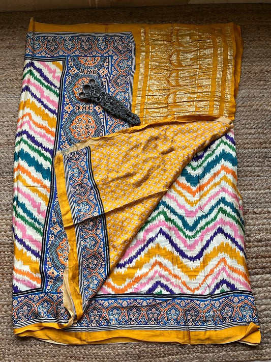 Mustard  peach modal silk patola sari with zari border  pms- 1095