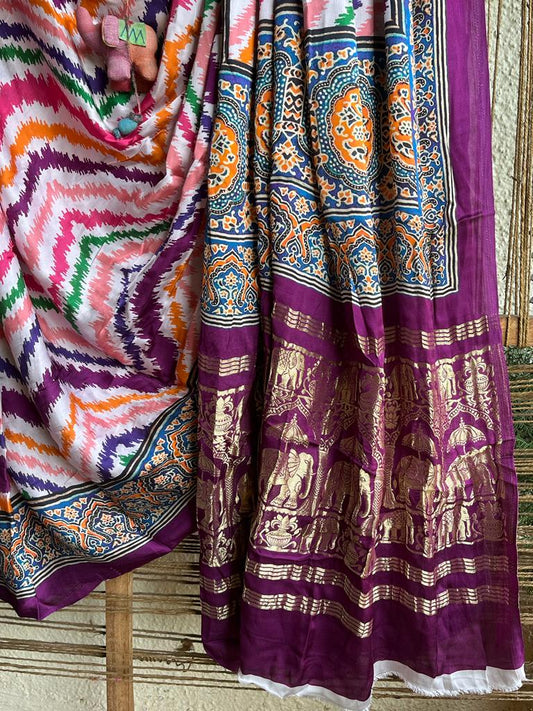 Purple peach modal silk patola sari with zari border pms- 1094