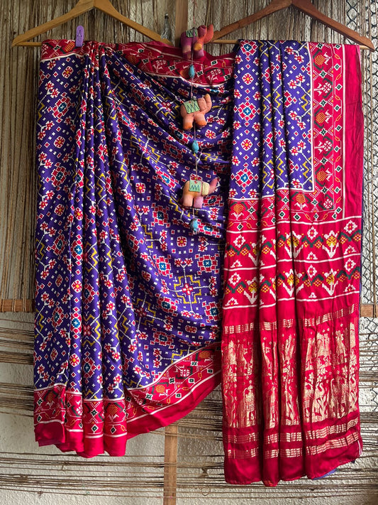 Purple modal silk patola print sari with zari border pms- 1015