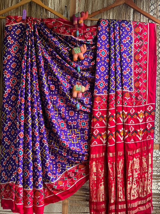 Purple modal silk patola print sari with zari border pms- 1015