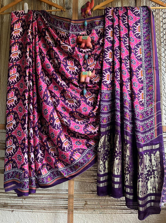 Purple  pink modal silk patola print sari with zari border pms- 1081