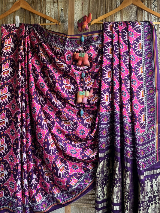 Purple  pink modal silk patola print sari with zari border pms- 1081