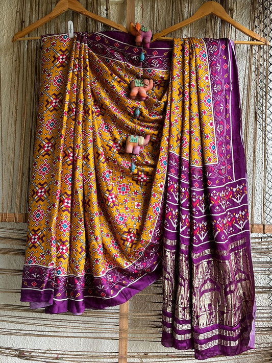 Mustard purple modal silk patola print sari with zari border pms- 109