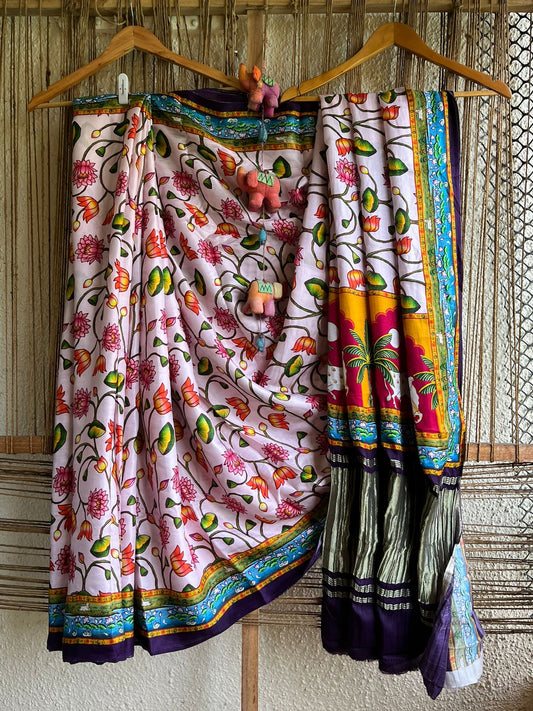 Purple pichwai  modal silk patola print sari with zari border pms- 1077