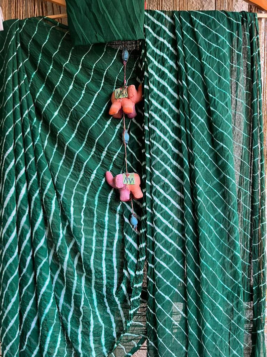 Bottle green leheriya handcrafted chiffon sari