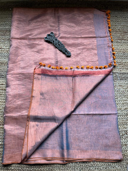 Purple linen zari sari with woven yellow border &amp;  tassel