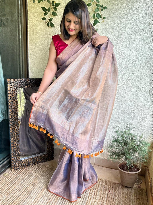 Purple linen zari sari with woven yellow border &amp;  tassel
