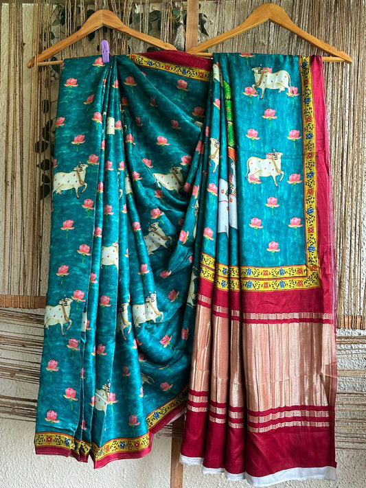 Sea green  pichwai  modal silk patola print sari with zari border pms- 1069