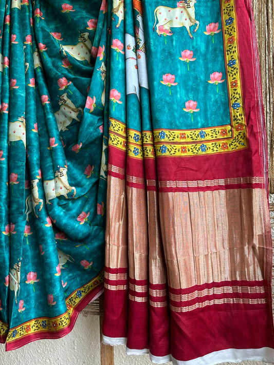 Sea green  pichwai  modal silk patola print sari with zari border pms- 1069