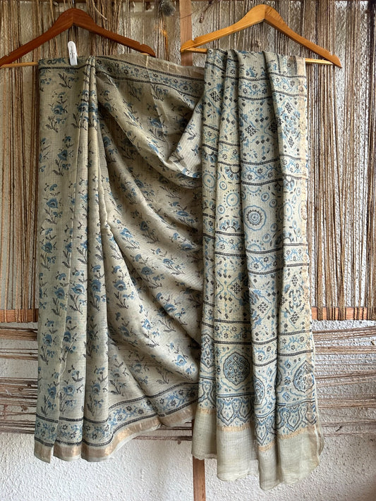 Yellow blue kota ajrakh handblock sari