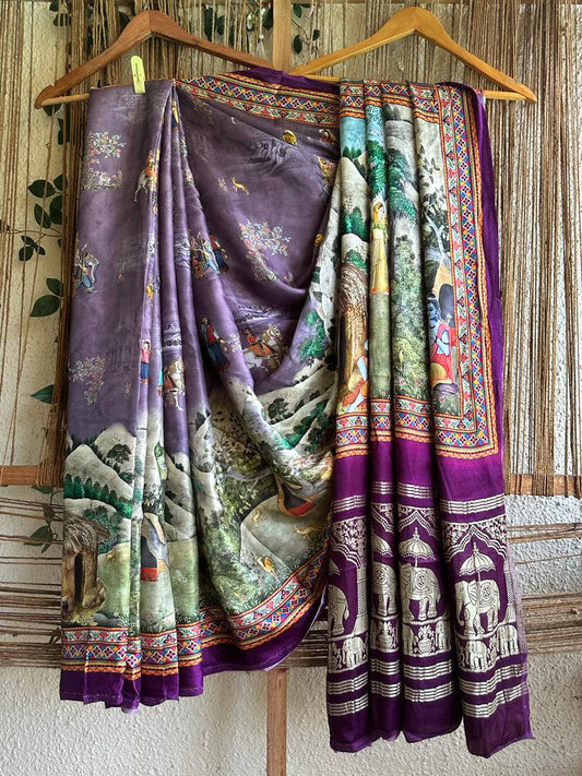 Purple pichwai  modal silk patola print sari with zari border pms- 1046