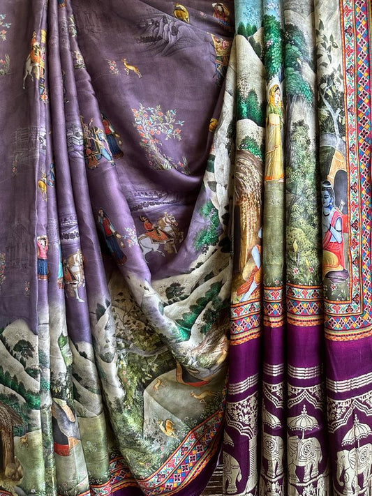 Purple pichwai  modal silk patola print sari with zari border pms- 1046