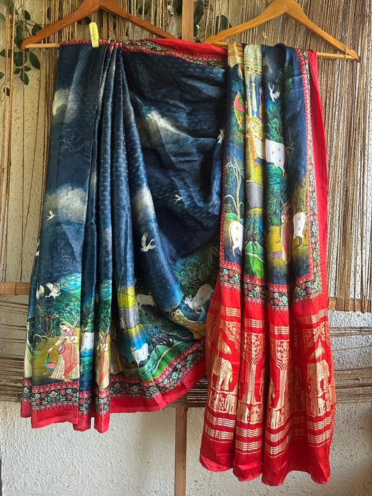 Royal blue and red pichwai  modal silk patola print sari with zari border pms- 1063