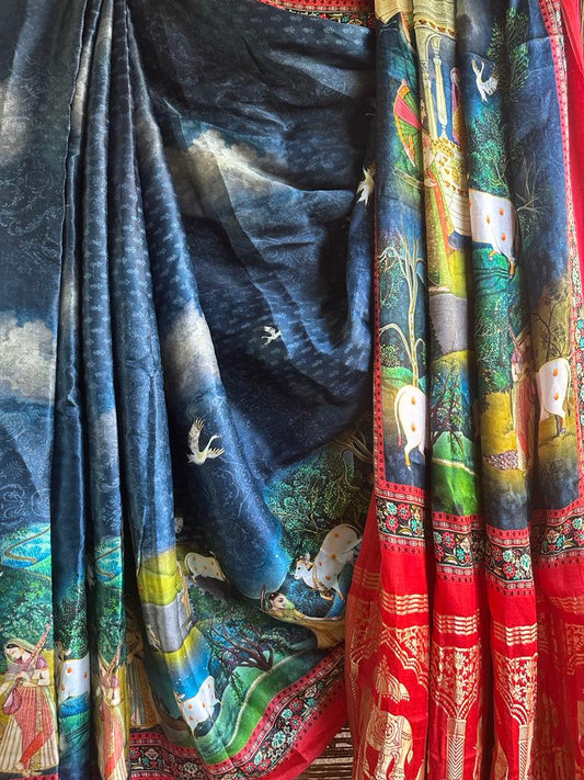 Royal blue and red pichwai  modal silk patola print sari with zari border pms- 1063