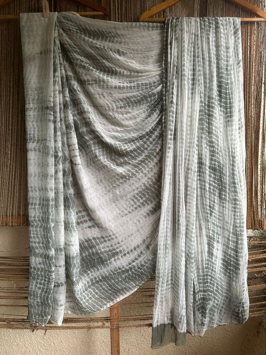 White grey shibori handcrafted chiffon sari