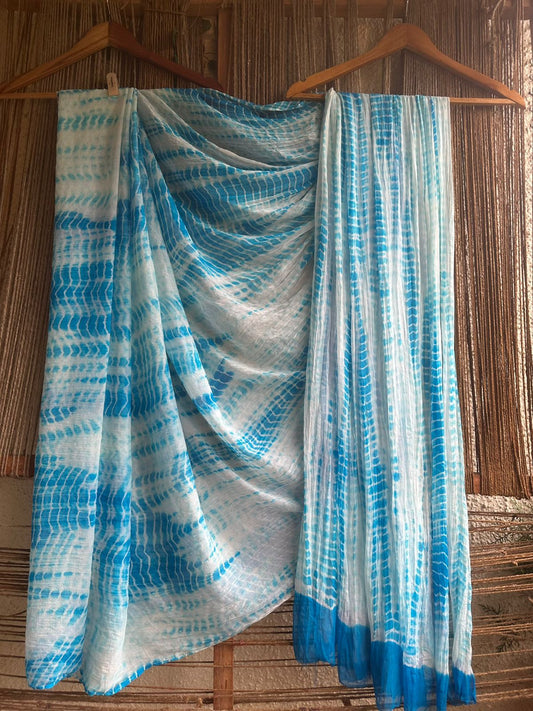 White blue shibori handcrafted chiffon sari