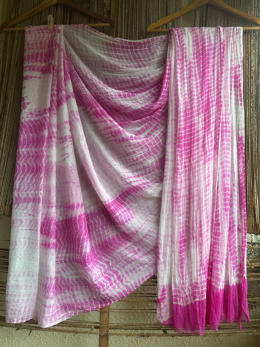 White pink shibori handcrafted chiffon sari