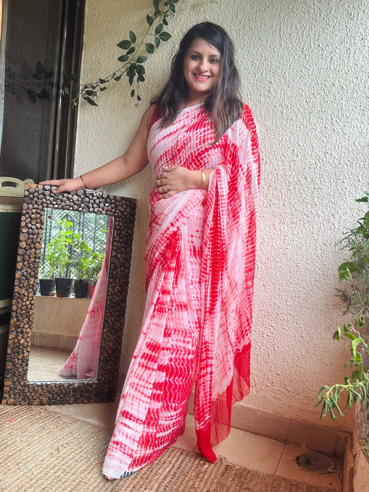 White red shibori handcrafted chiffon sari