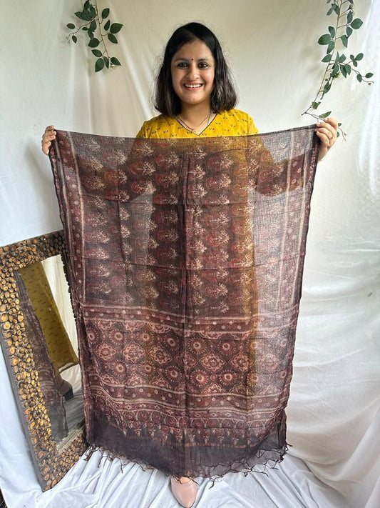 Chikoo brown kota ajrak handcrafted dupatta