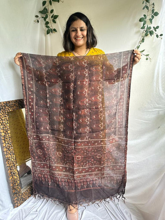 Chikoo brown kota ajrak handcrafted dupatta