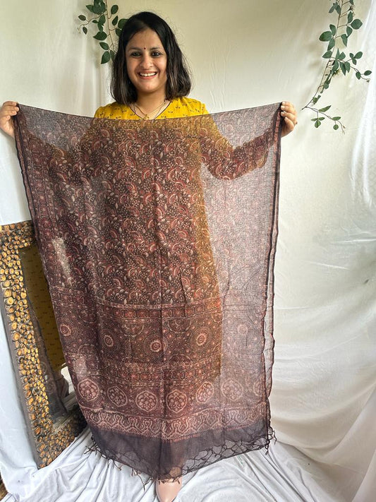 Chikoo brown kota ajrak handcrafted dupatta