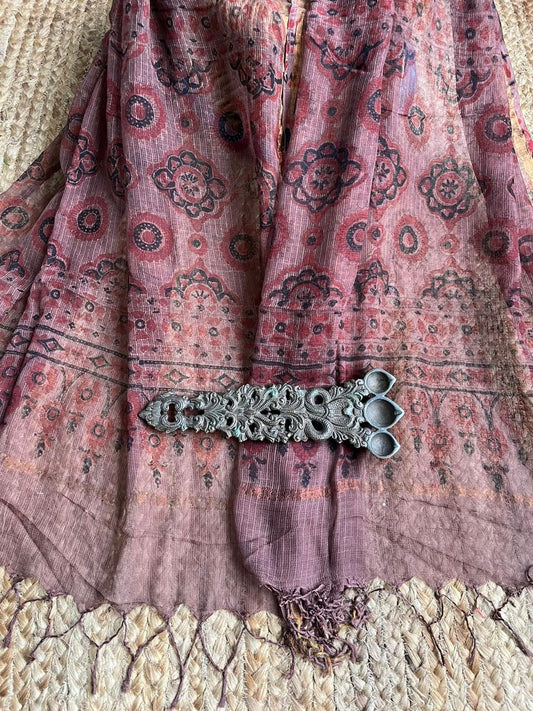 Brick red & black line print kota ajrak handcrafted dupatta